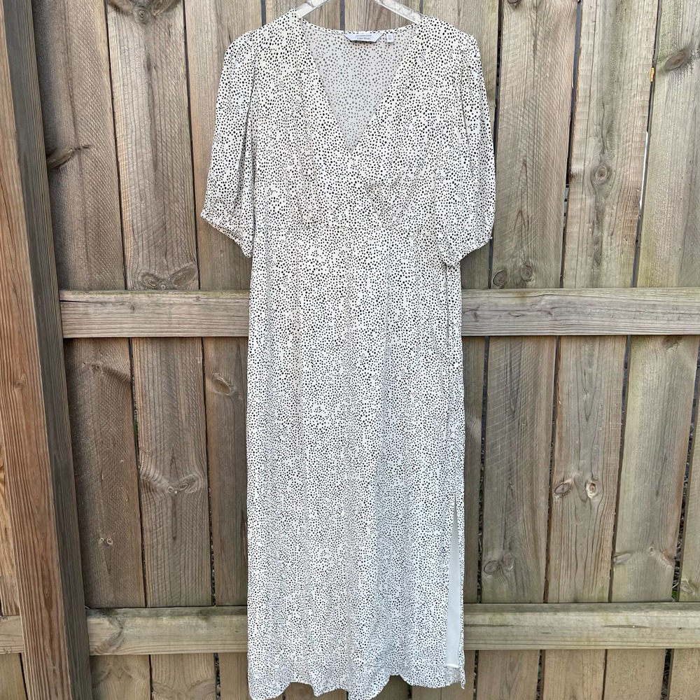 & Other Stories Dress Printed Puff Sleeve Midi White Black Polka Dots Size 10